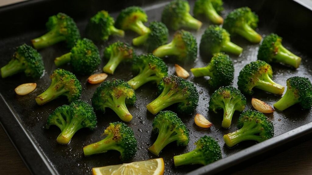 Broccoli verdi cotti al vapore nella pentola con gocce d'acqua