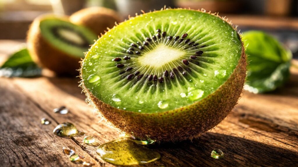 Kiwi tagliato a metà con polpa verde e semi visibili