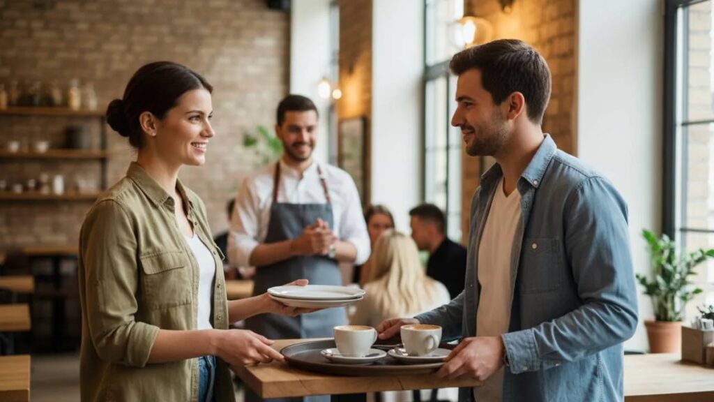 Cliente che aiuta il cameriere a sparecchiare in una trattoria italiana