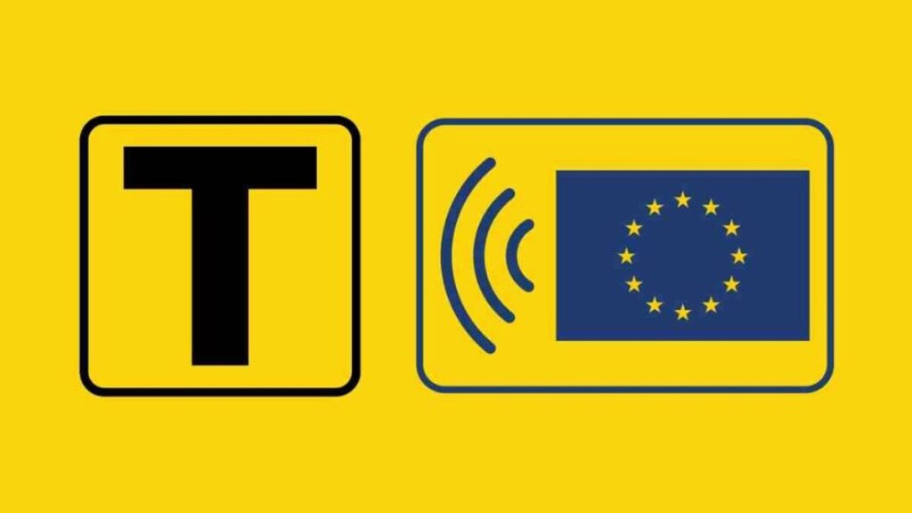Lettera T gialla al casello autostradale italiano